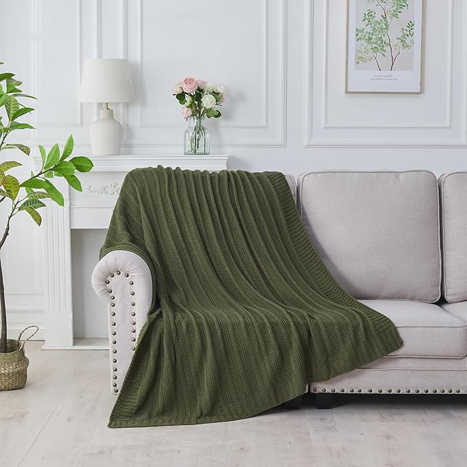 Douceur Olive Green Throw Blanket for Bed, Soft Cozy Lightweight Stripe Pattern Knitted Throw Blanket for Sofa, Kids Room, Living Room, 60"X80"