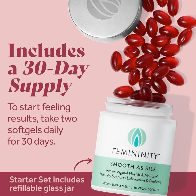 Femininity Smooth as Silk Softgels for Vaginal Dryness Starter Kit | Sea buckthorn oil with 365mg Omega 7 plus Omega 3. Supports natural moisture.