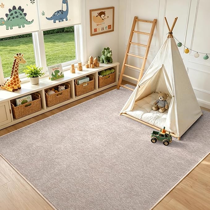 FinRèc 7x10 Washable Area Rugs for Bedroom Living Room, Low Pile Thin Rug Solid Color, Non-Slip Carpet Indoor for Home Decor (Oatmeal/White)