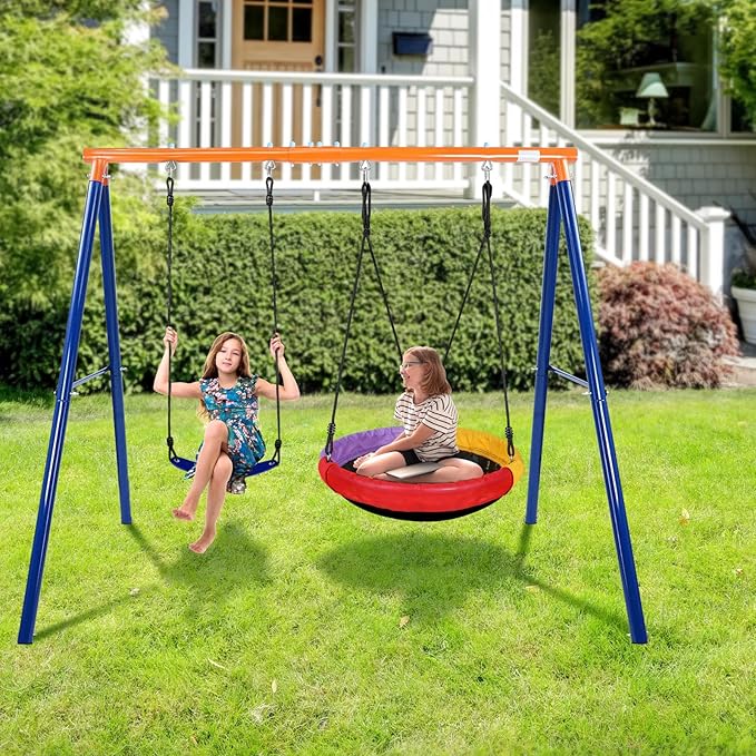 500lbs Heavy Duty Metal Swing Sets for Backyard, 2-in-1 Outdoor A-Frame with 32" Saucer Swing & 19" Belt Swing, Kids Swings Set with Stand