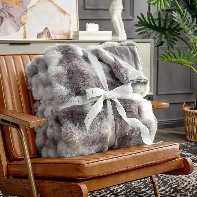 Cozy Bliss Faux Fur Throw Blanket for Bed King Size, Fuzzy Soft Plush Thick Bubble Blanket for Sofa Bedroom Living Room, 90 * 90 Inches Tie Dye Taupe
