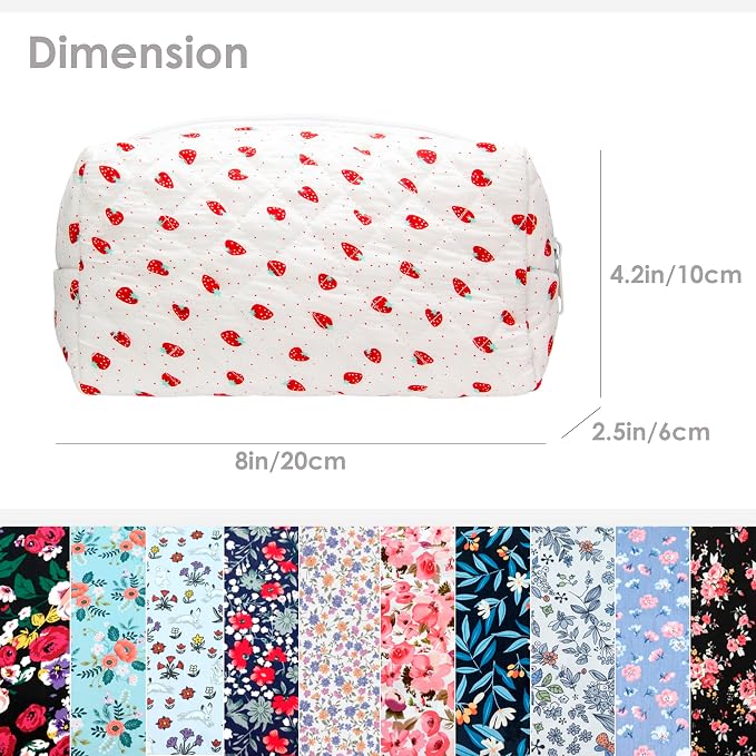 PAZIMIIK Small Quilted Makeup Bag,Zipper Cosmetic Pouch,Strawberry | Lightweight Cosmetic Bag Organizer for Women,Purse Storage Holds Makeup,Toiletries,Skincare,Beauty Essentials,Travel Items