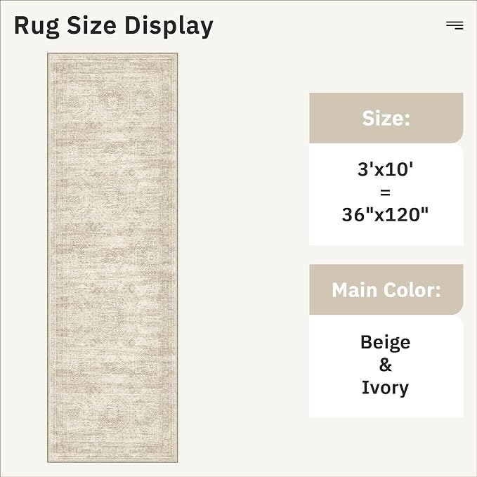 Soalmost Washable 3x10 Hallway Runner Rug Non-Slip Kitchen Entry Rugs Beige | Vintage Long Runners 10ft for Bathroom Laundry Room, Foldable Low-Pile Wide Floor Carpet Mat for Entryway Corridor Bedroom