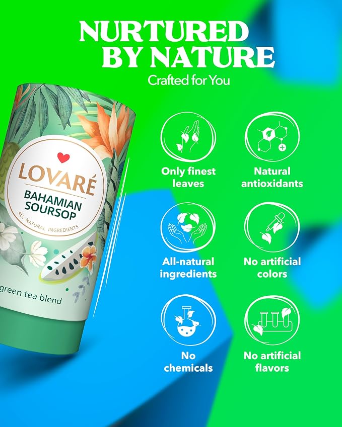 LOVARE Bahamian Soursop Loose Leaf Tea – 80 g Premium green tea blend with Pieces & Marigold Petals – Ukrainian Brand – Authentic Gift Tube with 15 Paper Filters – Easy to Brew tea Blend (Bahamian Soursop)