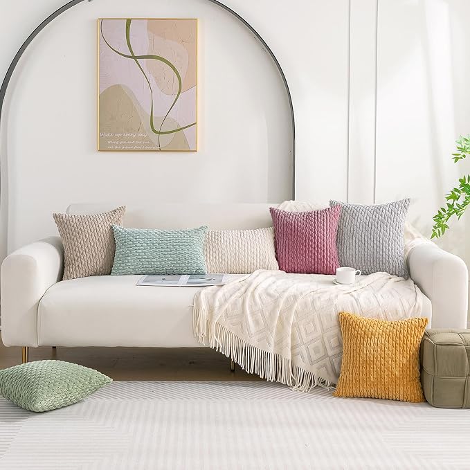 Set of 4 Pink Beige White Decorative Throw Pillow Covers 16x16 Inch Corduroy Pillow Covers for Bed Couch Sofa Living Room Soft Square Cushion Cases