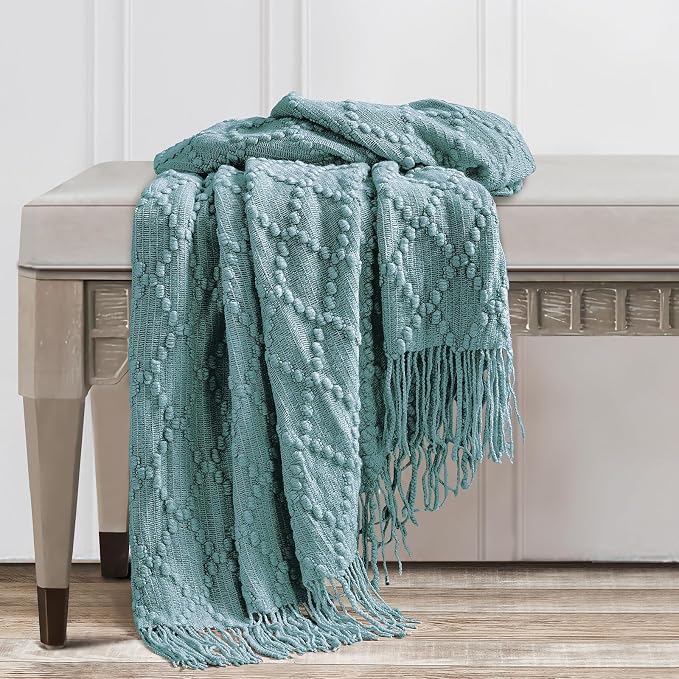 BOURINA Blue Throw Blanket 50 x70 Inch Jacquard Throw Knitted Blanket | Jacquard Argyle Throw Textured Solid Soft Throws and Blankets for Sofa or Bed Knitted Decorative Blanket