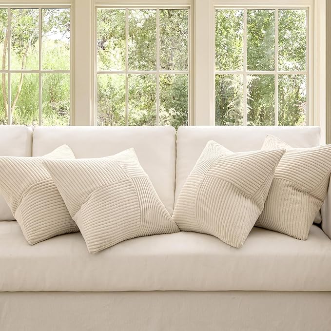 MIULEE Beige Throw Pillow Covers 16x16 Inch Set of 4 Boho Patchwork Cushion Cases Modern Farmhouse Pillow Cases with Invisible Zipper Corduroy Striped Home Decor for Couch Sofa Bedroom