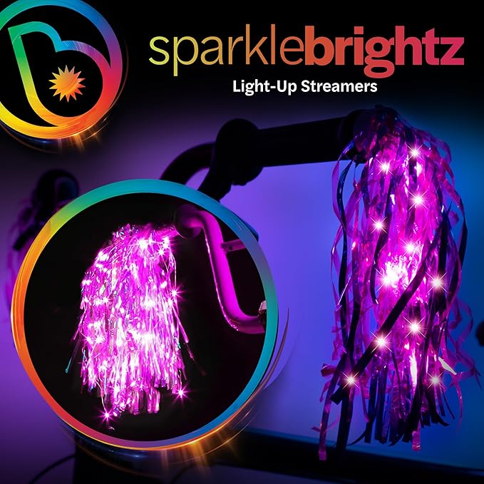 Brightz SparkleBrightz LED Light Up Bike Streamers, 2-Pack - LED Light Up Tassels for Bikes & Scooters - Add Glimmer & Shine to Your Handlebars - Batteries Included