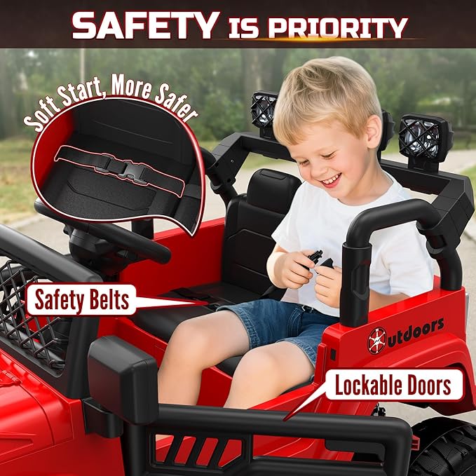 ARBELI 2 Seater Ride On Car for Kids, EVA Tires, 24V 4WD Electric Car w/Remote Control, Bluetooth, LED Lights, Ride On Truck for Boys and Girls Aged 3-8, Red