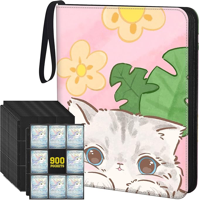 Trading Card Binder for TCG, 900 Pockets, 9-Pocket Top-Loading Pages, 3-Ring Zippered Album, Acid-Free PVC-Free, Fits Standard 2.5" x 3.5", PU Cover with Wrist Strap, Cute Cat Design