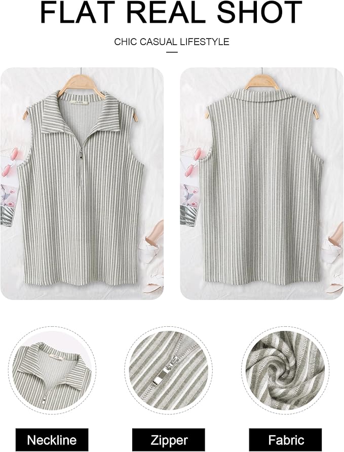 Vivilli Womens Ribbed Tank Top Zipper V Neck Dressy Casual Blouses Sleeveless Camisole Tops Work Tank Polo Shirts
