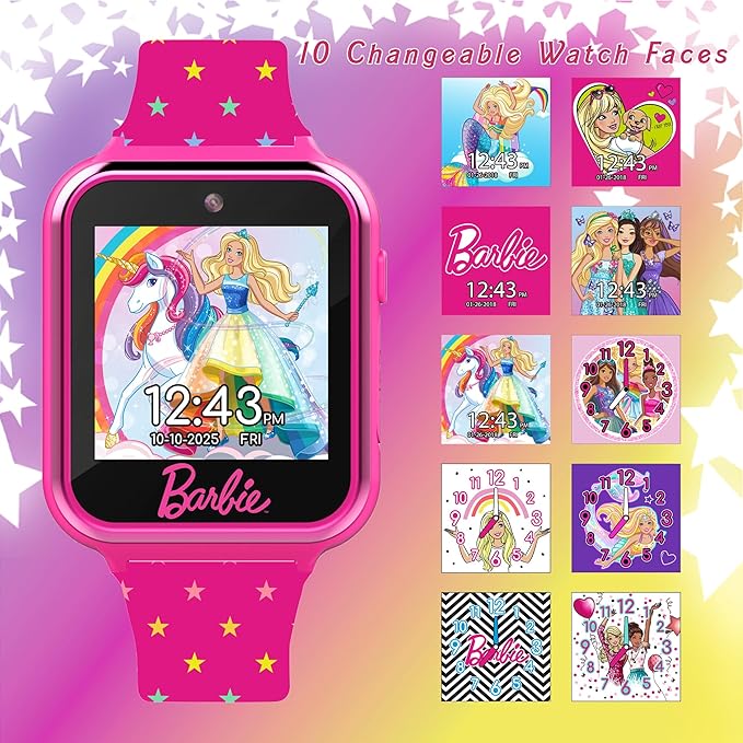 Barbie Kids Smart Watch - Interactive Touchscreen with Games, Selfie Camera, Step Tracker, Alarm, and Stylish Printed Silicone Strap - Fits Wrists 5.5" to 8.5"