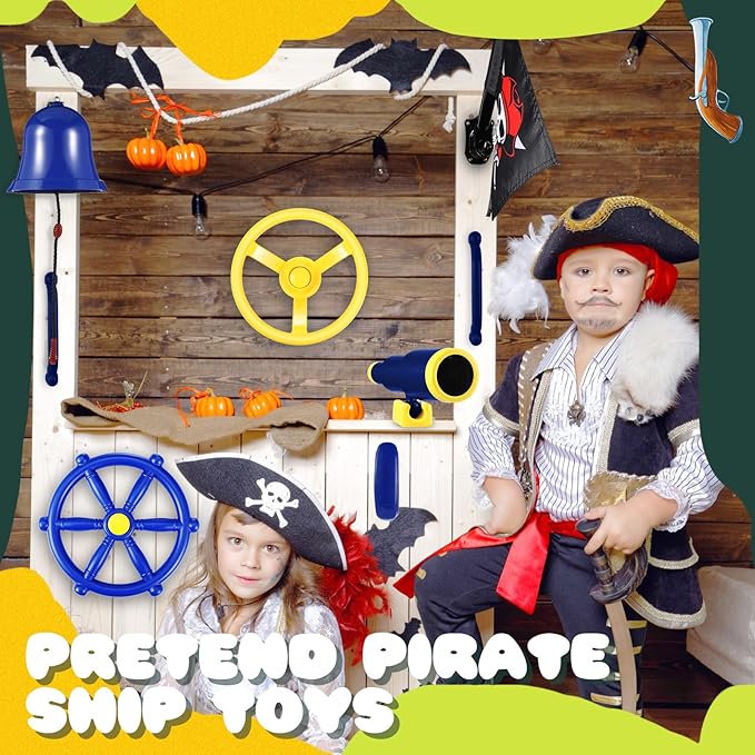 Foilswirl Swing Set Accessories Outdoor Playground Accessories Backyard Playground Equipment with Telephone, Ship Wheel, Telescope, Bell, Safety Handle Bars, Pirate Flag for Playhouse (Blue, Yellow)