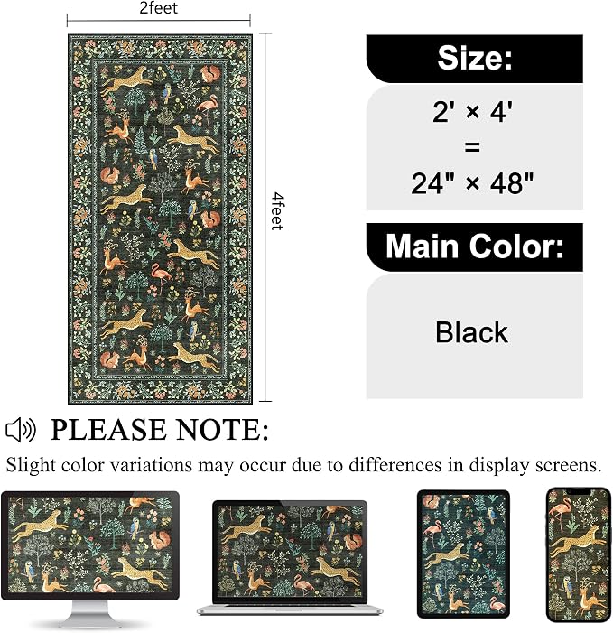 DUKINO 2x4 Rug for Entryway, Animal Washable Runner Rug for Kitchen, Black | Non Slip, Low Pile, Stain Resistant Thin Indoor Carpet for Hallway, Bedroom, Bathroom, Laundry, Pet Friendly, Non-Shedding
