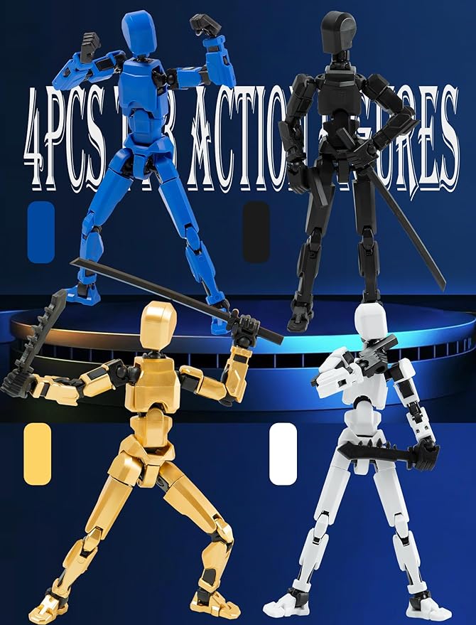 4PCS Assembled Titan T-13 Action Figures Set Lucky Dummy Nova 13 Action Figure Robot Stick Figures Fidget Toys for Boys Multi Movable Joints Gifts Toys for Kids (Golden+White+Blue+Black)