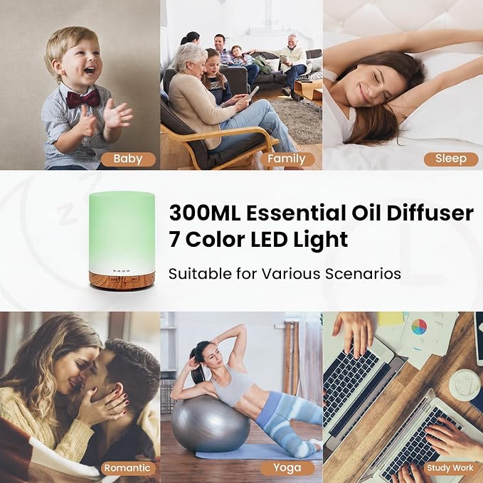 Aromatherapy Diffuser, Remote Control Essential Oil Diffuser 300ML, with 7 Color LED Light, Auto Off Timer Quiet for Bedroom Living Room Kitchen Home Gift