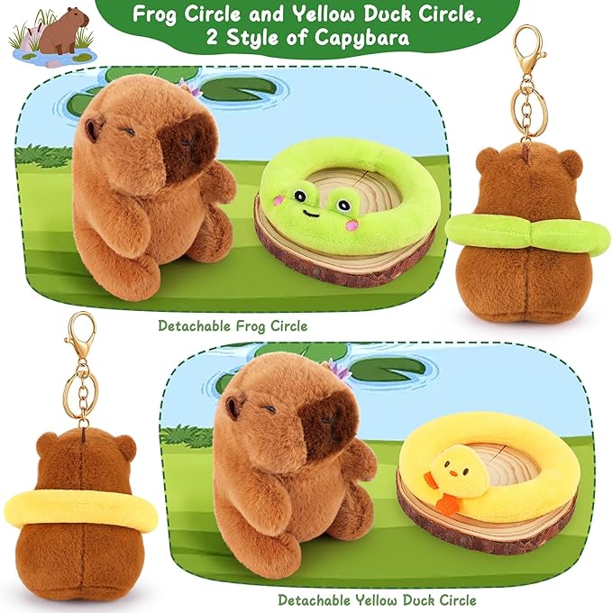 Achwishap 2PCS Capybara Plush Keychain,Cute Keychain Capybara Stuffed Animal,Soft Capybara Plush Toys Key Chain,Kawaii Plushies Stuffed Toys for Kids Adults(Frog Swimming Circle,Duck Swimming Circle)