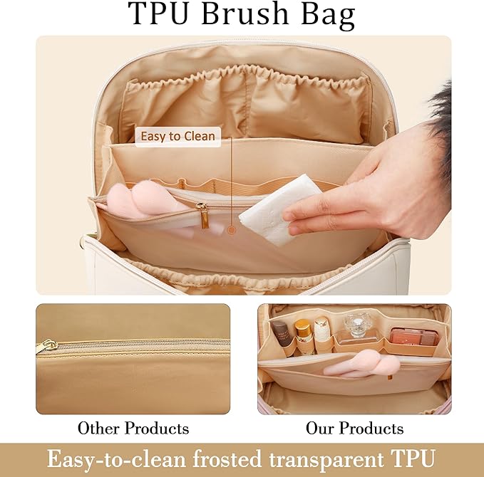 Birthday Gifts for Women Teen Girl, Personalized Initial Makeup Organizer Bag Set, Open Flat Travel Cosmetic Bag With Clear Divider and Handle(Large-Beige,E)