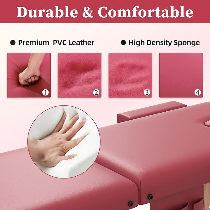 civama Massage Table Massage Bed Portable, 29 LBs Light Weight Foldable Tattoo Facial Care Spa Lash Bed Aluminum Frame with Accessories Carrying Bag, Burgundy