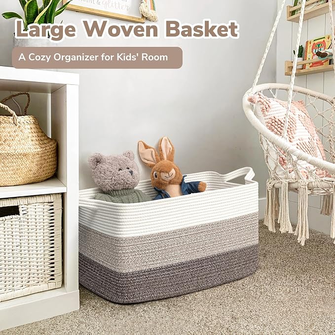 Goodpick Large Woven Rope Blanket Basket, Rectangle, White Brown | 21.6'' x 14.9'' x 11.8'' Storage Basket for Blankets & Toys, Living Room, Bedroom & Nursery Organization, Reinforced Handles