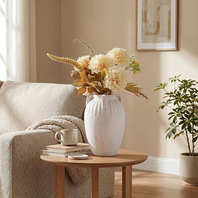 Ceramic Flower Vase with Handles, 8.86 inch Tall Ceramic Vase Home Decor Vintage Terracotta Rustic Vase for Bouquet Pottery Barn Decor Large Vases for Living Room Bathroom Modern Farmhouse, White