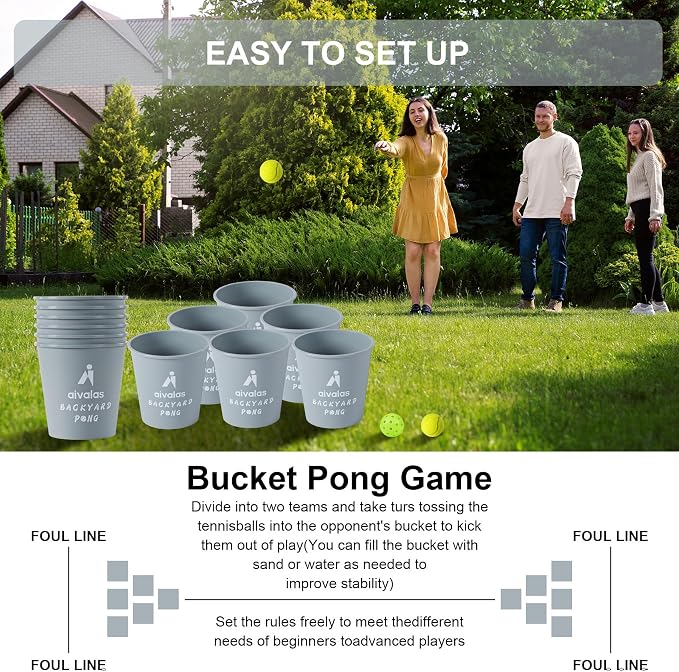 Aivalas Yard Pong Outdoor Games, Giant Yard Games Set with 12 Buckets and Balls for Adults and Family, Toss Game Throwing Games for Beach, Camping, Lawn and Backyard