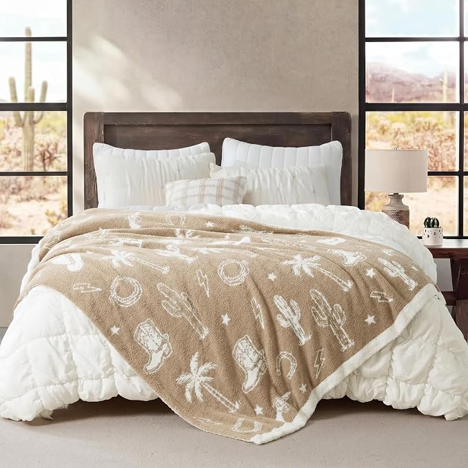 Snuggle Sac Western Throw Blanket for Couch Bed Sofa 50x60 inches, Reversible Beige Cowgirl Blanket Ultra Soft Cozy Blankets for Women Mothers Birthday Gifts