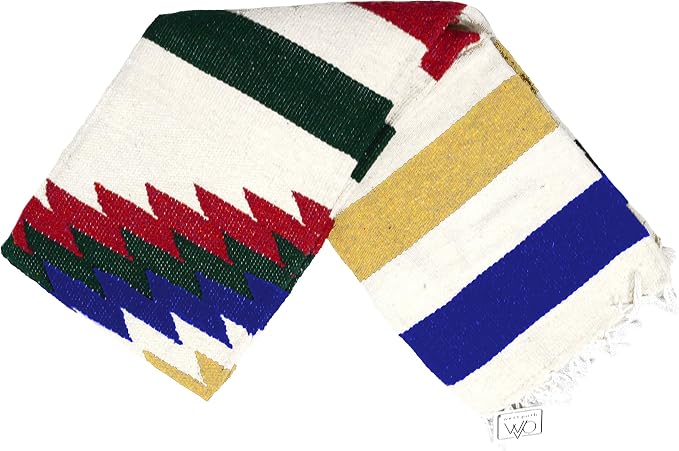 Open Road Goods Aztec Navajo Style Blanket, Throw, or Yoga Bolster - Handwoven Mexican Diamond Blanket (White Fiesta Blanket)