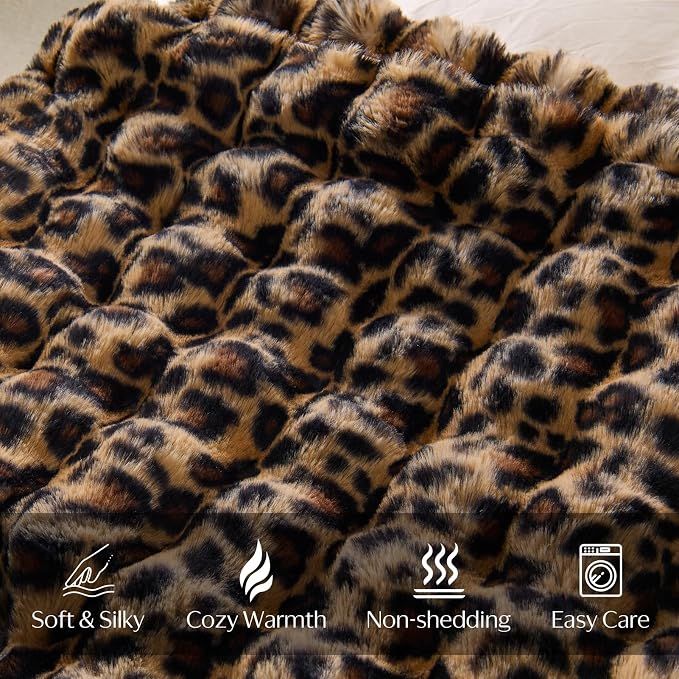 DOWNCOOL Faux Fur Throw Blanket for Couch, Ultra Soft Fluffy Fuzzy Plush Bubble Blanket for Sofa Bedroom Living Room, Cozy Warm Luxury Fleece Minky Blanket, 50x60 Inches Leopard Print