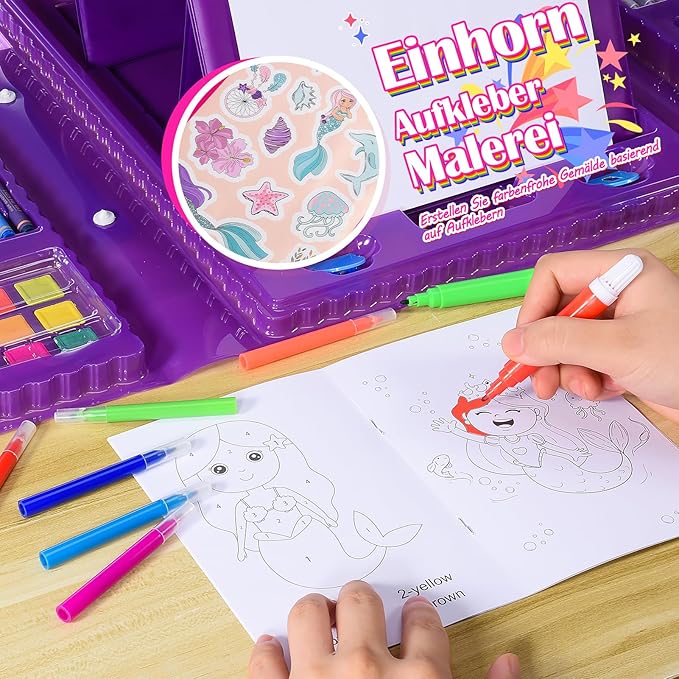 Art Supplies, Art Kits Arts and Crafts for Kids Age 4-6 6-8 8-12 with Trifold Easel,Includes Sketch Pads,Oil Pastels,Crayons,Colored Pencils,Drawing Set for 3-12 Year Olds Girls Boys (Mermaids-Purple)
