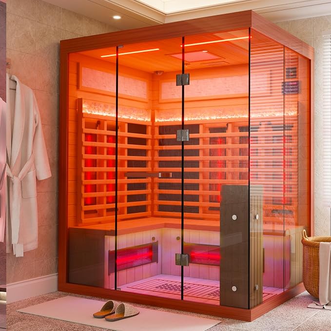 MEISSALIVVE Full Spectrum Infrared Sauna，3-4 Person Home Sauna， Red Cedar Luxury Indoor Spa Sauna with Resonance Speaker, Panoramic Tempered Glass Door