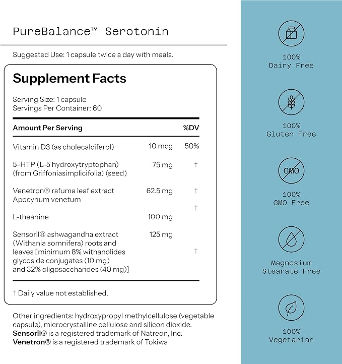 Quality of Life Pure Balance Serotonin Premium–Helps Boost Serotonin & Cortisol Levels - Includes 5-HTP, Venetron, Sensoril, Vitamin D3 & L-Theanine–60 Capsules