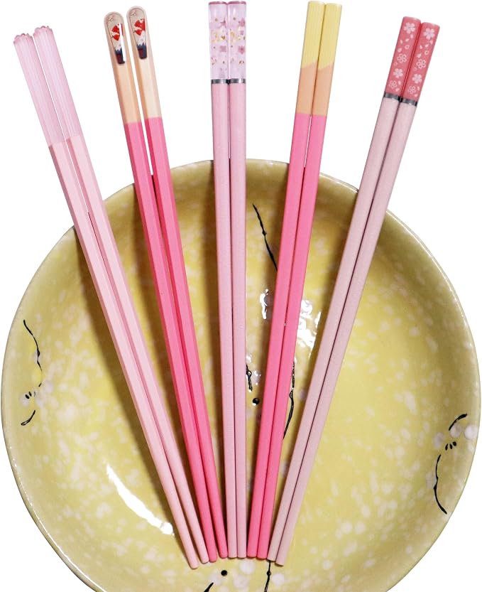 5 Pairs Pink Fiberglass Chopsticks Japanese Korean Chopstick Reusable Non-Slip Dishwasher Safe, 9.6 Inches Long, 5 Patterns