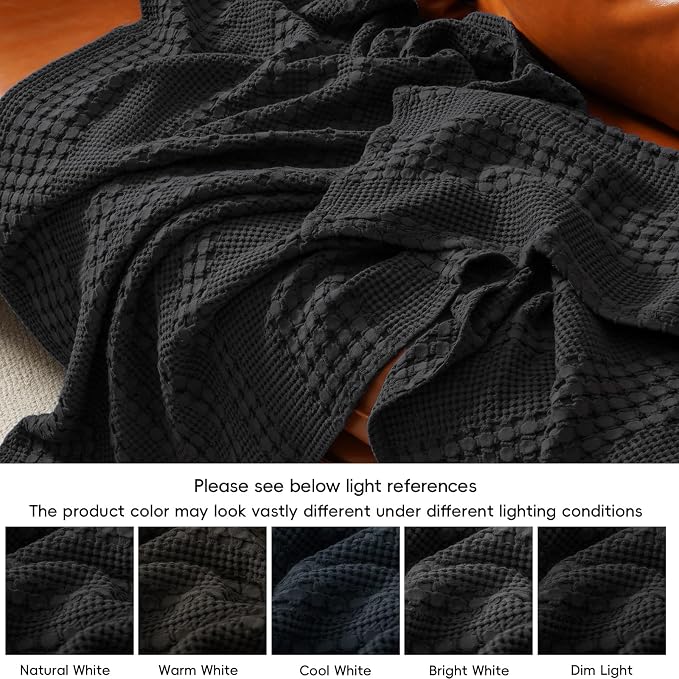 PHF 100% Cotton Waffle Weave Blanket Queen Size, Lightweight Breathable Summer Blanket for Hot Sleepers, Pre-Washed Soft Layer for Bed, Couch, Aesthetic Home Decor & Gift, 90"x90", Black