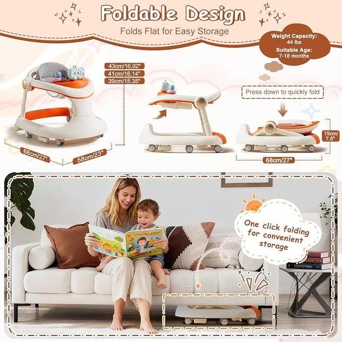 Foldable Baby Walker with Wheels, Activity Toddler Walkers for Boys Girls | 5-in-1 Design, Adjustable Height, Feeding & Music Tray, Contains batteries, Push Walker, Anti-Rollover, Detachable Seat