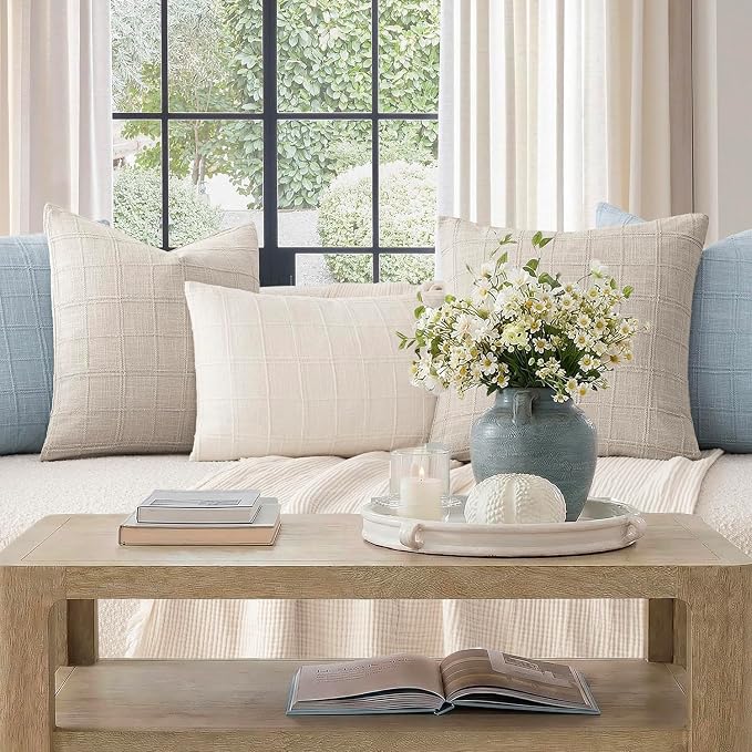 Foindtower Set of 2 Decorative Linen Check Throw Pillow Covers Neutral Farmhouse Vintage Cushion Covers Modern Boho Accent Home Decor for Sofa Chair Couch Bedroom Living Room,26×26 Inch,Light Grey