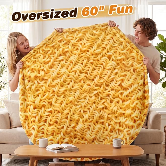 SeaRoomy Ramen Noodles Blanket, Realistic Food Funny Round Blanket, 60 in | White Elephant Gifts, Gag Gifts For Teen Boys & Girls, Novelty Christmas Birthday Presents, Double Sided, Soft Flannel