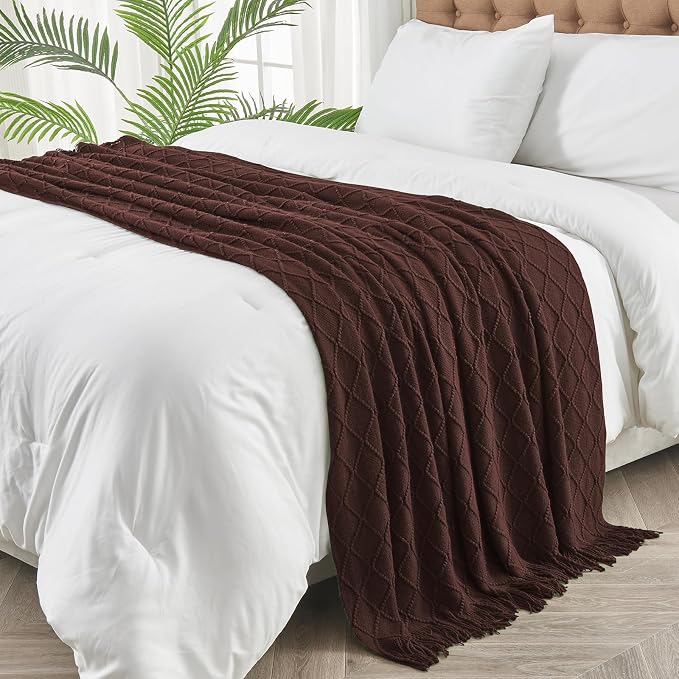 inhand Diamond Brown Knitted Throw Blanket for Couch and Bed, 60"x80" | Soft Cozy Knit Blanket with Tassel, Lightweight Decorative Blankets and Throws, Farmhouse Warm Woven for Men and Women
