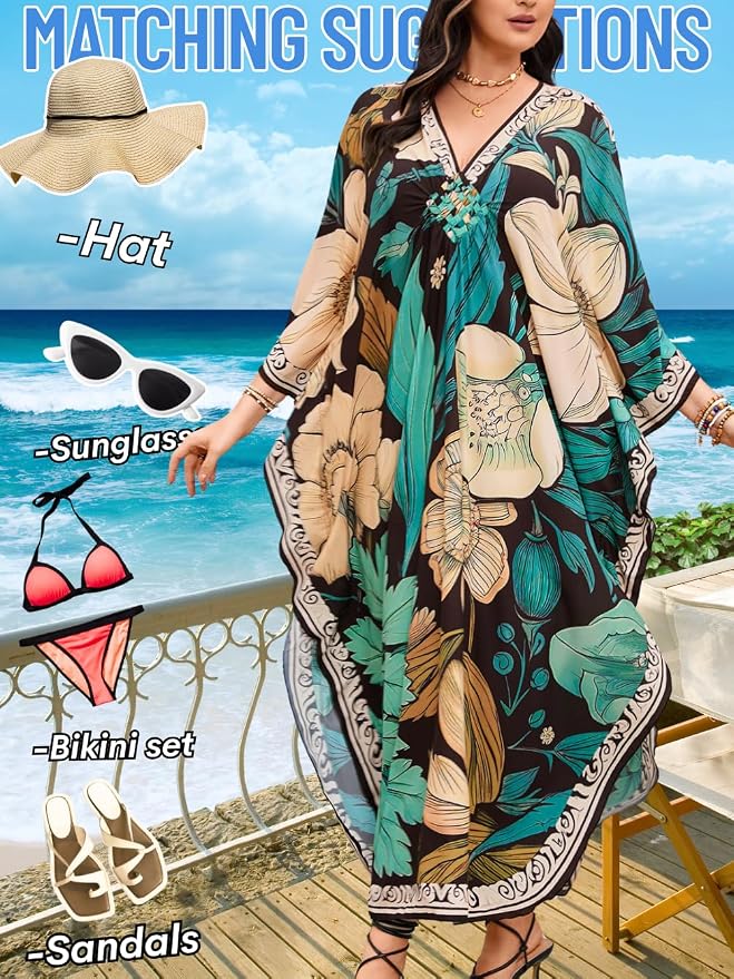 ChiaoLezhee Print Moo-Moos for Women, Kaftan Cover-Up Dresses, Sexy V-Neck High-Slit, Beach Pool-Party Coverups Muumuu Plus