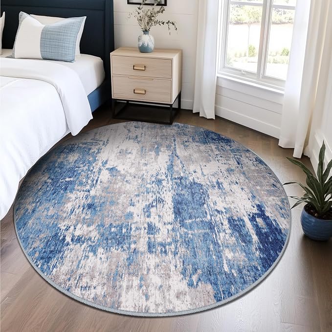 RELEANY Washable Round 6ft Area Rug for Living Room Blue Gray | carpet for bedroom, kitchen, office, hallway and entryway, printed pattern, non-slip, soft, stain-resistant, easy to clean