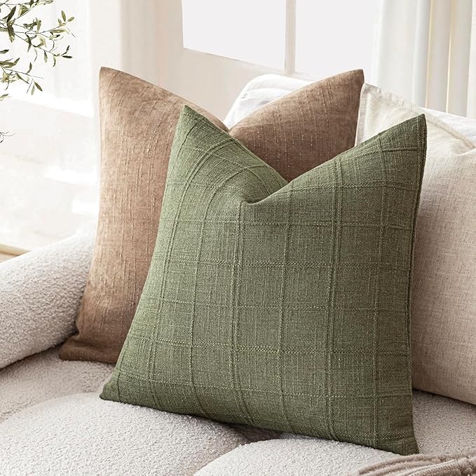 Foindtower Set of 2 Decorative Linen Check Throw Pillow Covers Neutral Farmhouse Vintage Cushion Covers Modern Boho Home Decor for Sofa Chair Couch Bedroom Living Room,16×16 Inch,Sage Green
