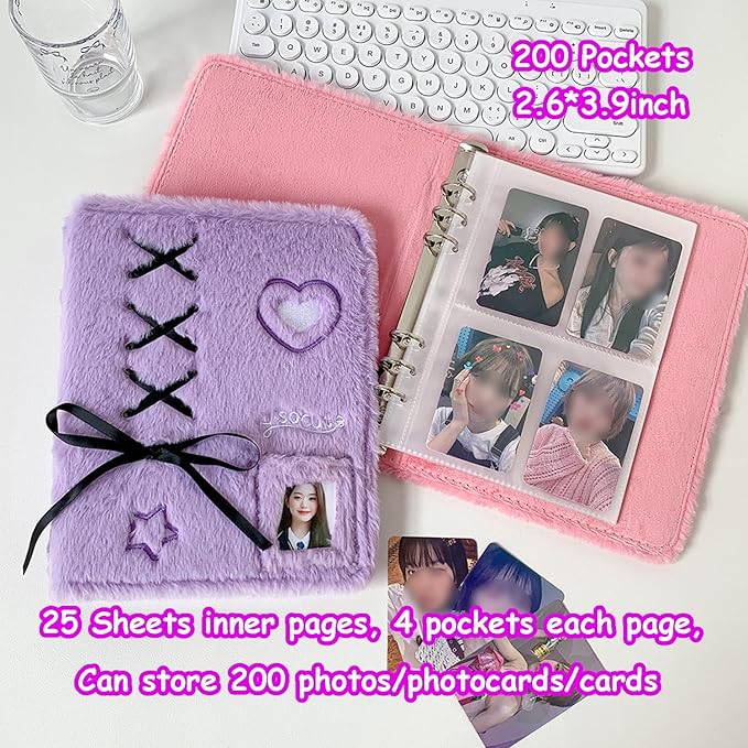 Kpop Photocard Binder A5 Kpop Photocard Holder Book with 50pc Holographic Photocard Sleeves&10 Korean Stickers, 6 Ring A5 Binder Photocard Album 25 Inner Pages with 200 Pocket(Purpleplush)