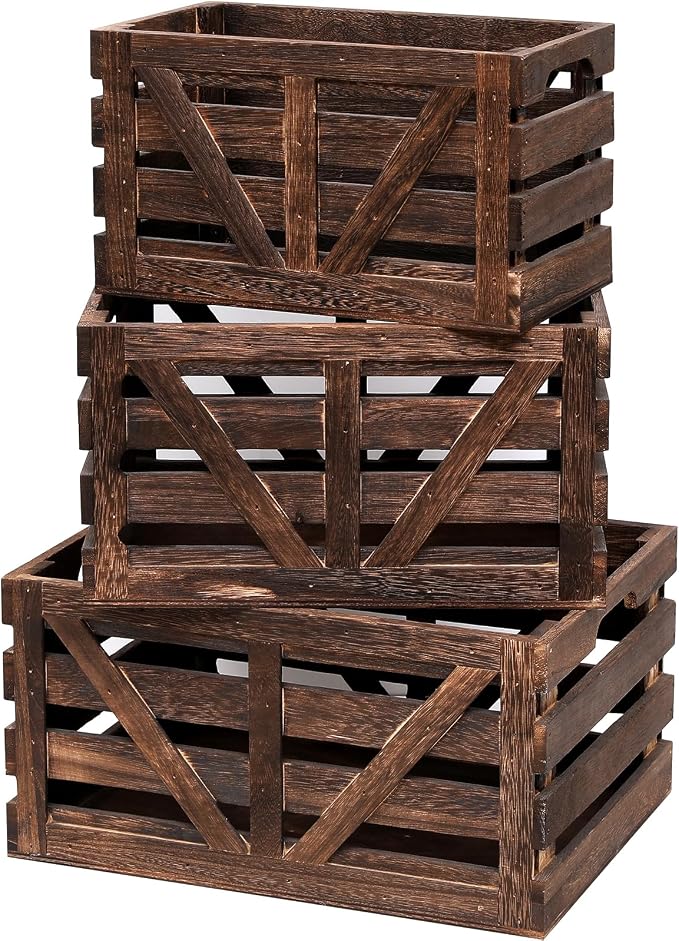Nested Wooden Storage Crates Set of 3 (L,M,S),Rustic Wood Crate for Storage | Farmhouse Handmade Decorative Boxes with Handles for Home Organization & Display