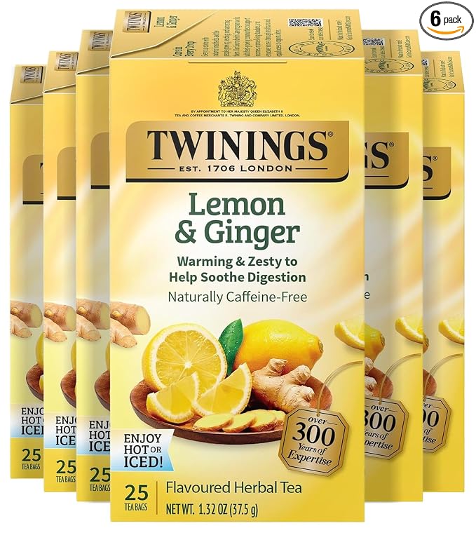 Twinings Lemon & Ginger Herbal Tea Individually Wrapped Bags, 25 Count (Pack of 6), Spicy Ginger, Lemon Peel, & Lemongrass, Naturally Caffeine-Free, Enjoy Hot or Iced, 150 Teabags