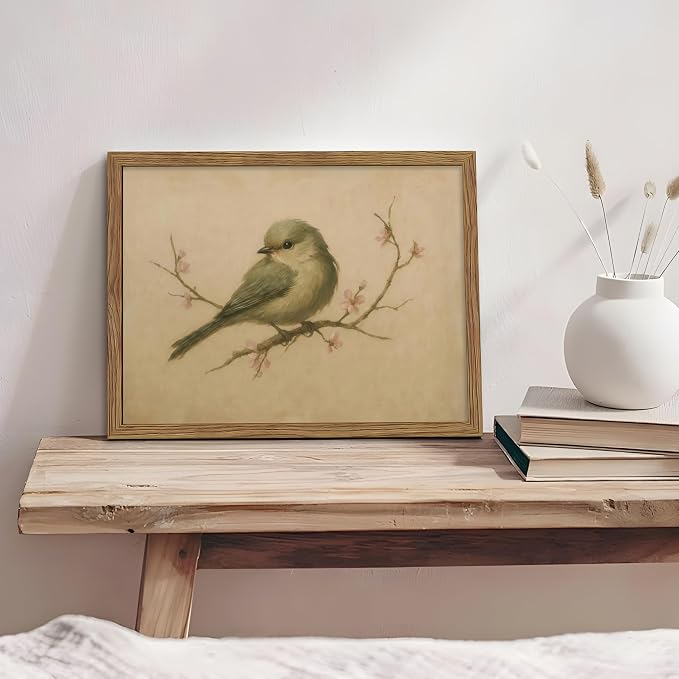Vintage Bird Wall Art, Cherry Blossom Spring Pictures Canvas Wall Decor, Rustic Farmhouse Bird Animal Artwork Print Poster for Living Room Bedroom Bathroom 16x24 Inch Framed