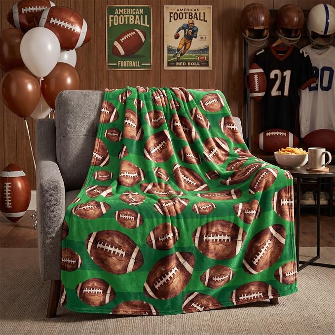 Horaldaily Football Green Flannel Throw Blanket 50x60 | All Season Using Ultra Soft Fuzzy Plush Cozy Non-shedding Blanket for Couch Sofa Bed Camping, Ideal Gift for Kids Adults