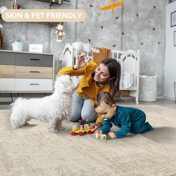 9x12 Area Rugs for Living Room Rug Washable: Abstract Large Rug for Dining Room Bedroom Carpet Non Slip 9 by 12 Indoor Modern Nursery Home Office Beige