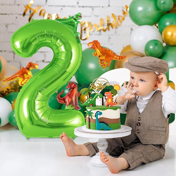 Dinosaur Green Number 2 Balloon, 40 Inch Big Large Foil Helium Green Number Balloon with 4 Pcs Mini Dinosuar, Dinosuar Balloons Set for 2 Year Old Birthday Party Decorations Supplies
