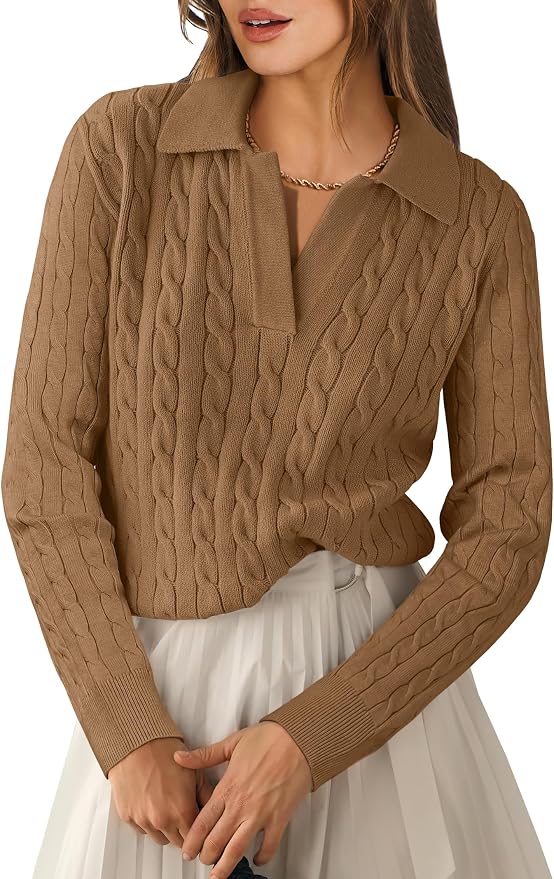 ANRABESS Womens Cable Knit Sweaters Long Sleeve V Neck | Pullover Collared Sweater Tops, Polo Knit Shirts, Business Casual Work, Tennis Golf, Fall Winter Fashion Outfits