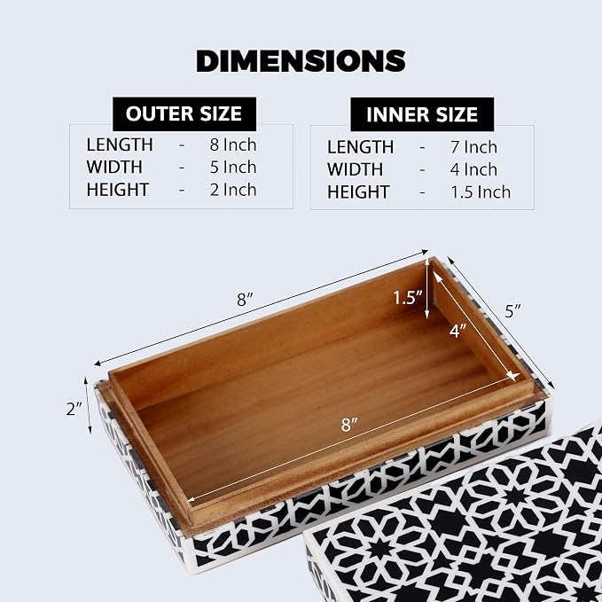 Handicrafts Home Small Decorative Storage Box with Lid, Black White Persian Tile Keepsake Box, Moorish Rosette Trinket Box for Jewelry, Desk Organizer & Coffee Table Decor, Shiraz 8 x 5 x 2